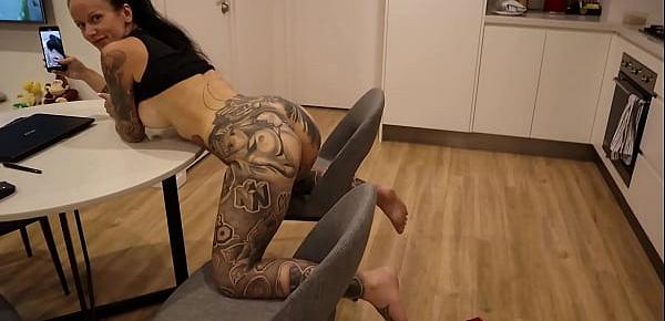  BIG TIT Big Thick ASS Tattooed Milf Gets Fucked Hard While Trying To Film Herself with Her Legs Spread On Two Chairs POV - Melody Radford